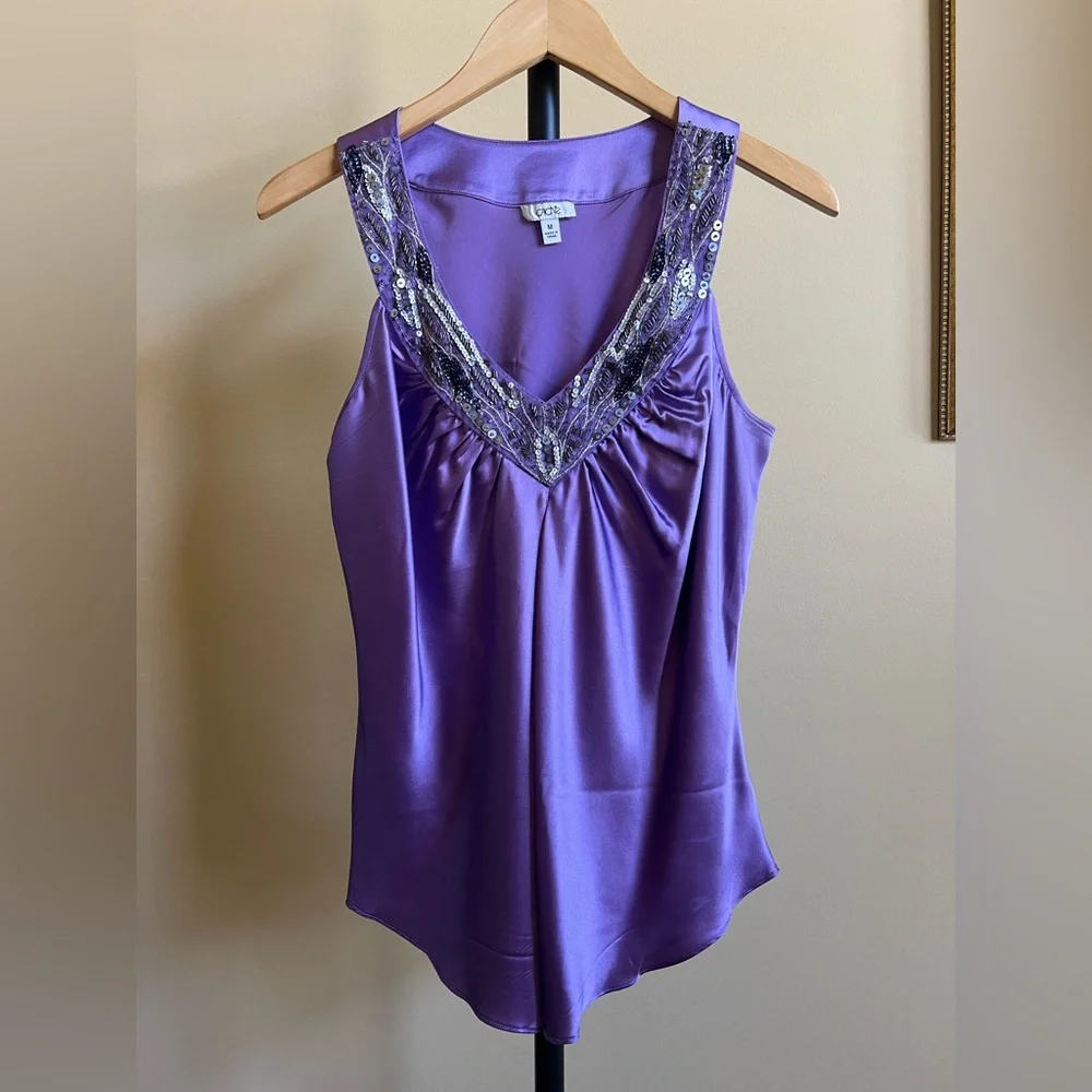 Cache Top Vintage Silk Jazz Age Blouse Sleeveless Sequined Amethyst Size M - Picture 6 of 16